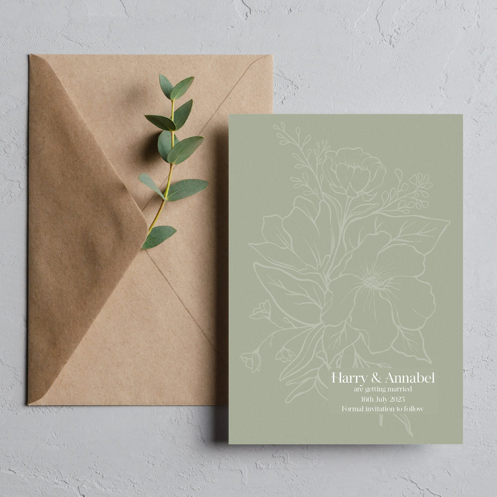Sage green floral save the date cards Boho Bouquet