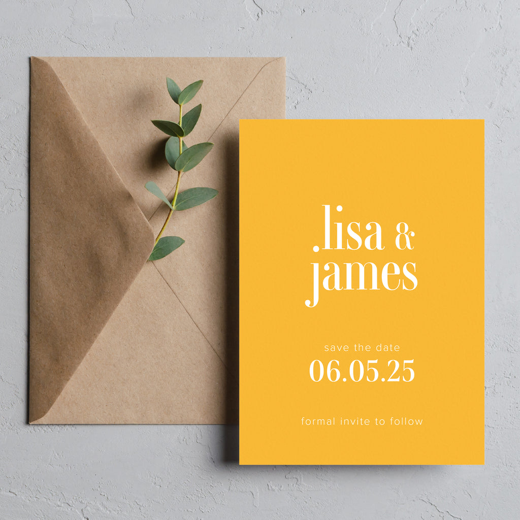 Yellow bold save the date cards Lisa