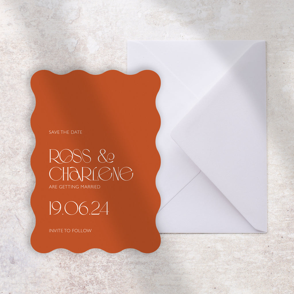 Burnt orange wave save the date card Charlene