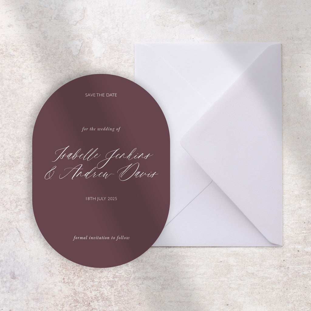 Oval plum save the date card Isabelle
