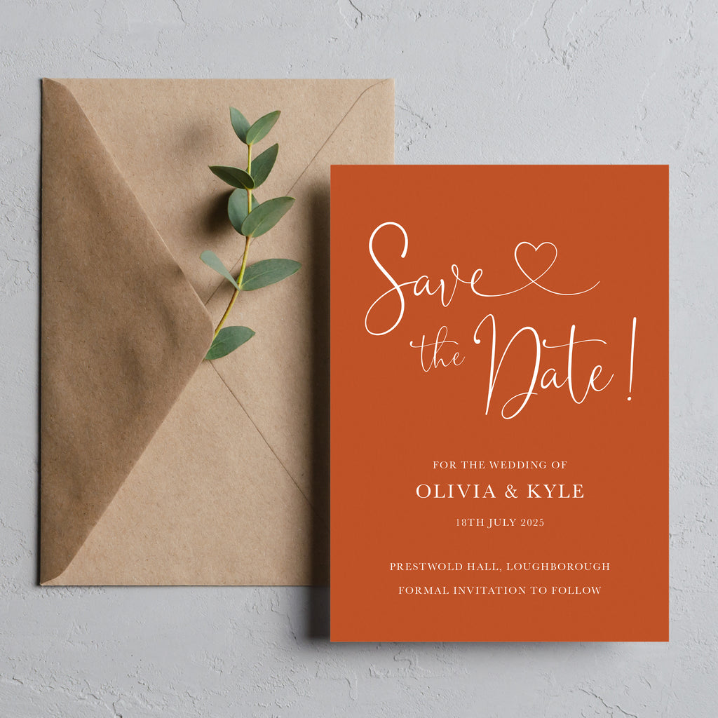 Burnt orange luxury save the date card Olivia