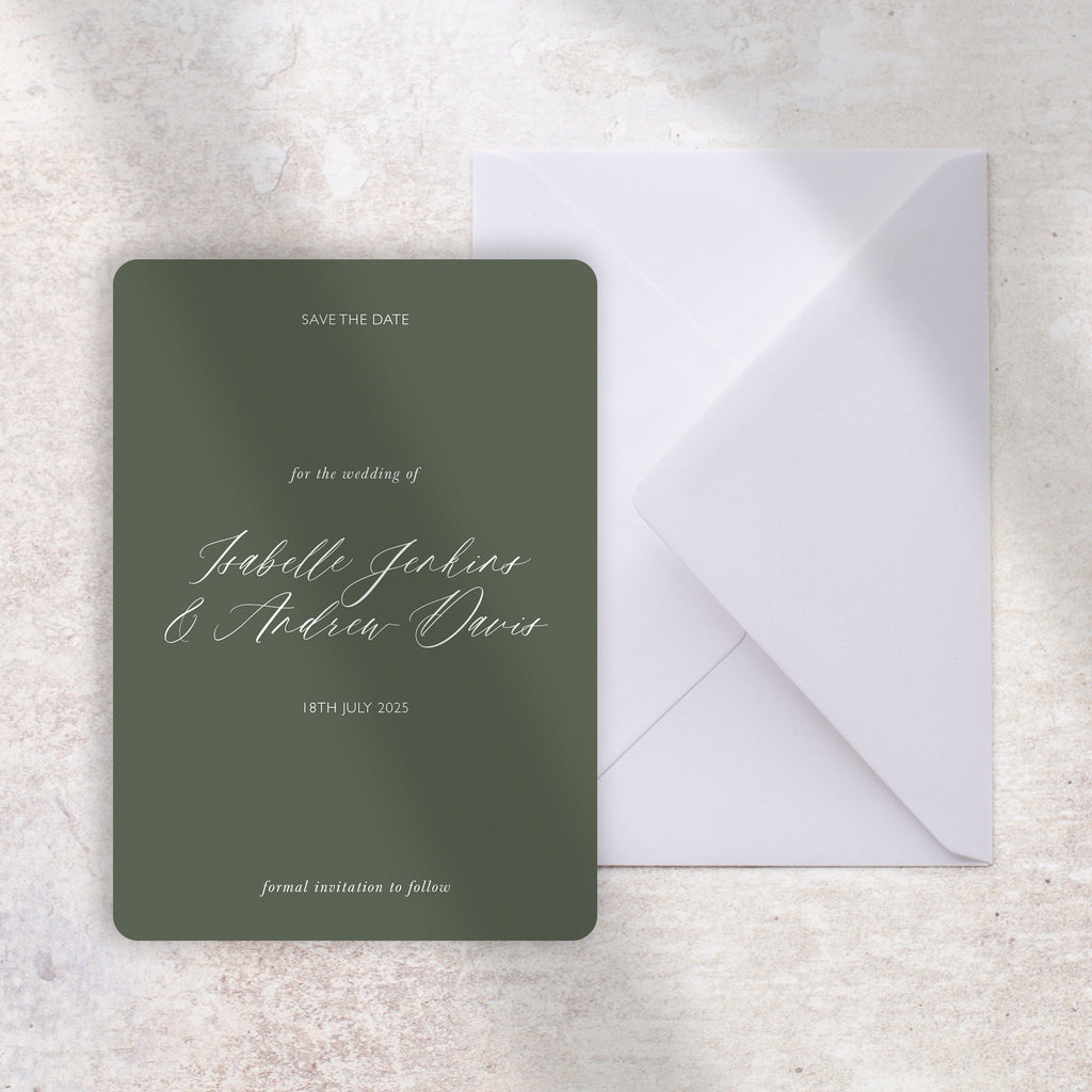 Green calligraphy save the date card Isabelle