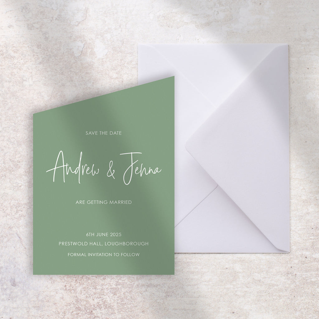 Modern script green angled save the date card Jenna