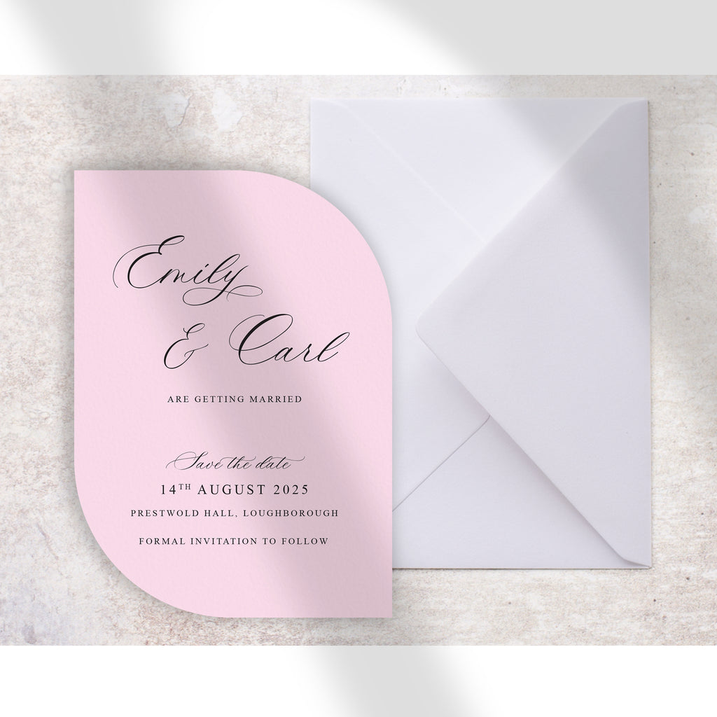 Leaf shape pink save the date card Emily