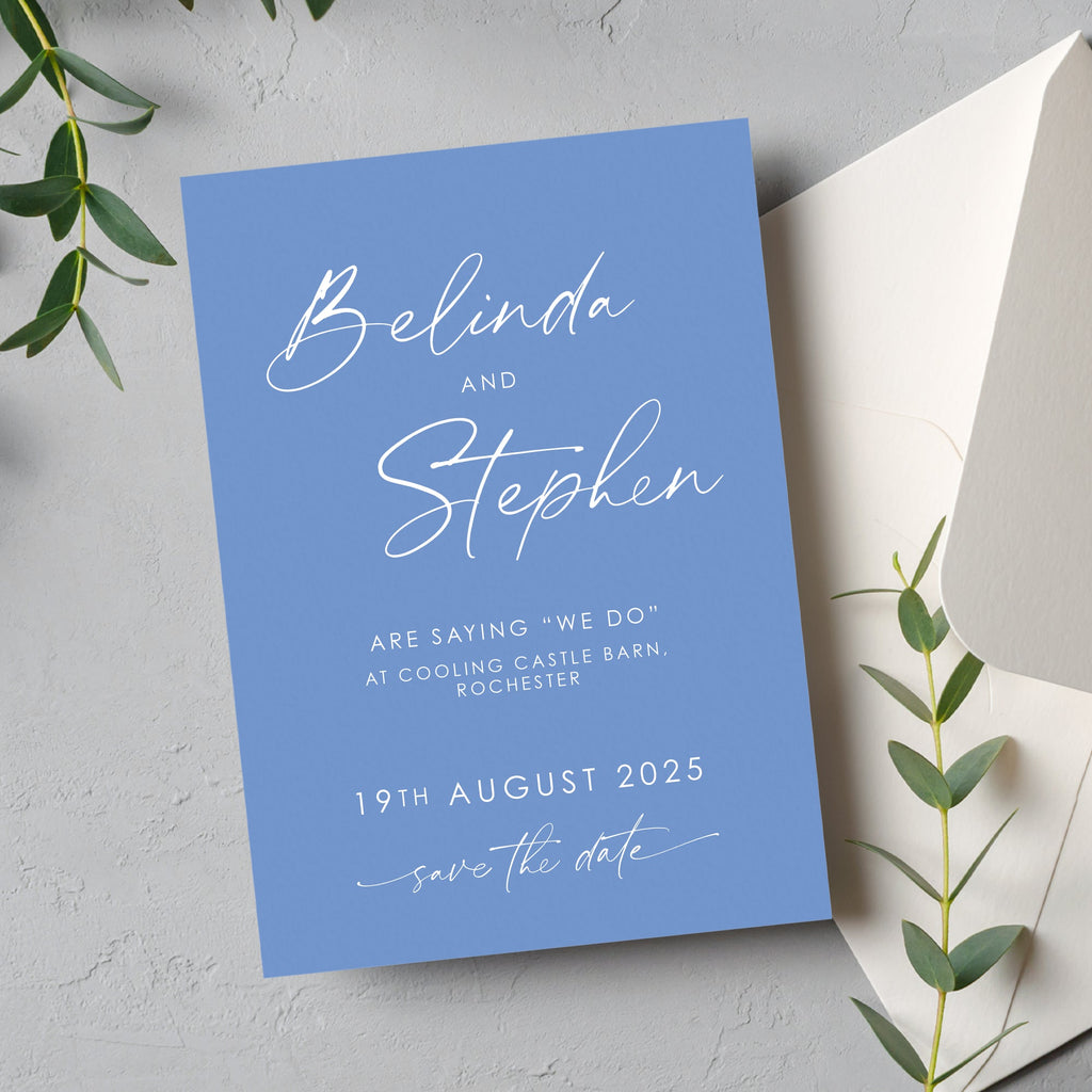 Blue script save the date card Belinda
