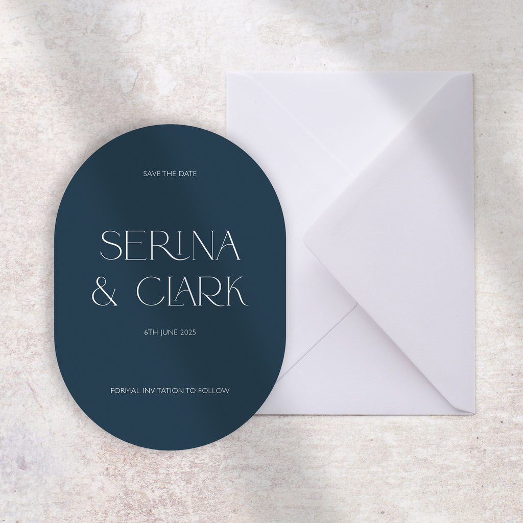 Blue oval save the date card Serina