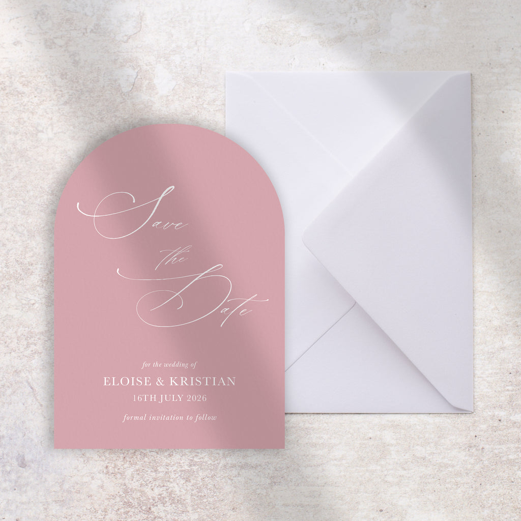 Blush arched save the date card Eloise