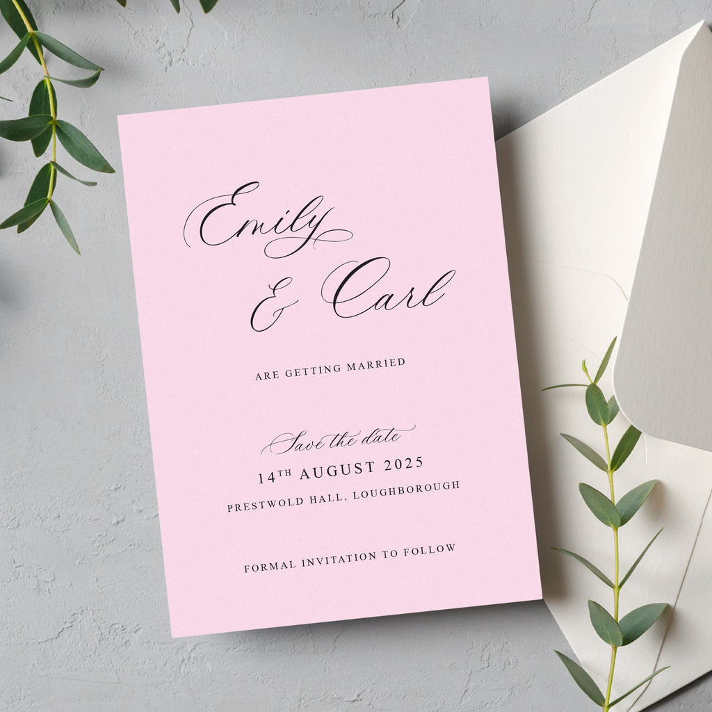 Pink script save the date Emily