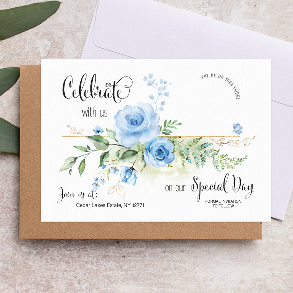 Blue floral save the date backing card Botanical Blue