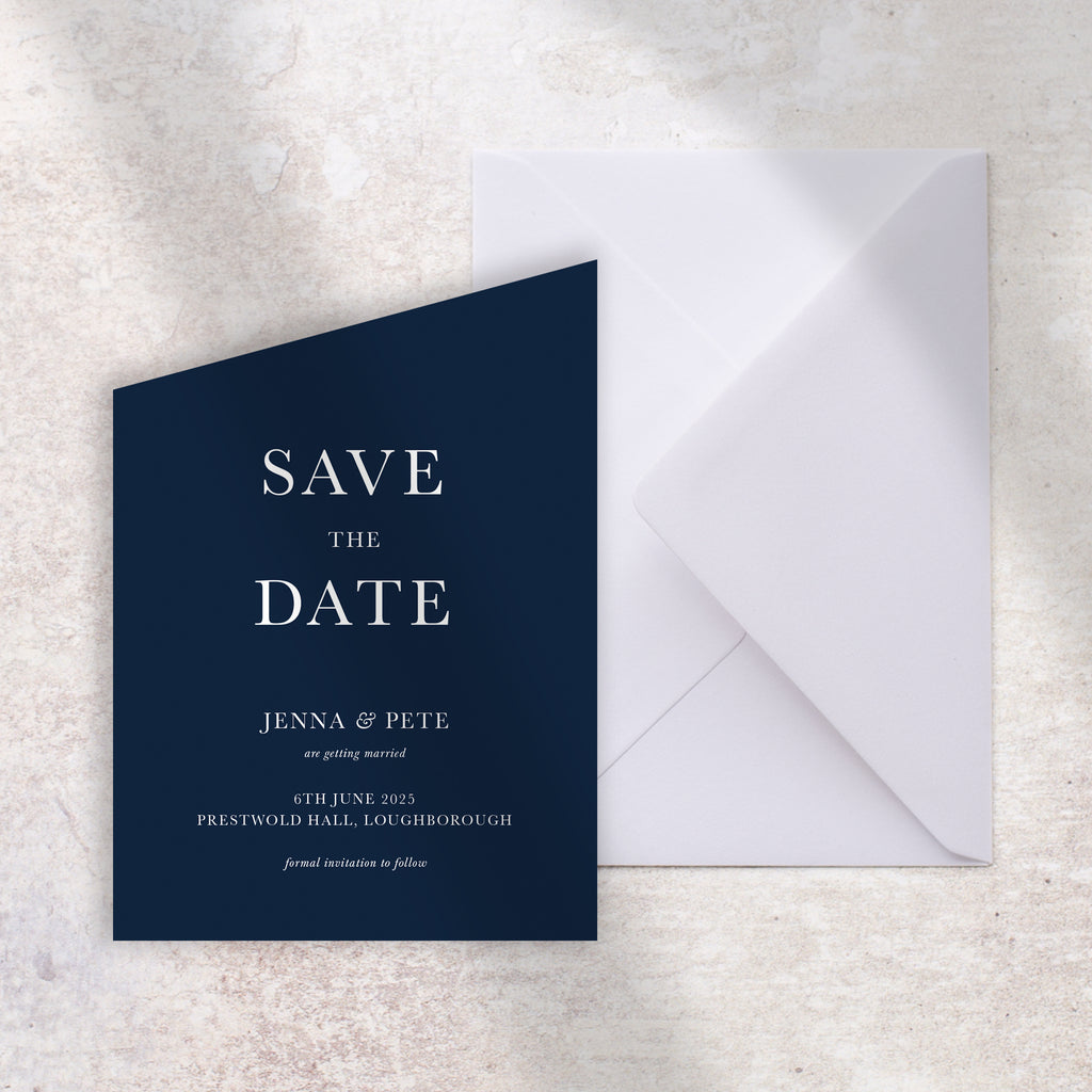 Navy blue angled save the date card Willow