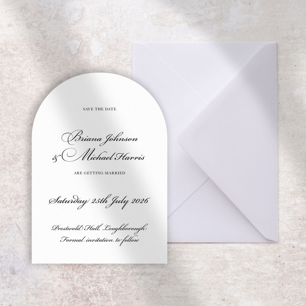 Arch script save the date card Brianna