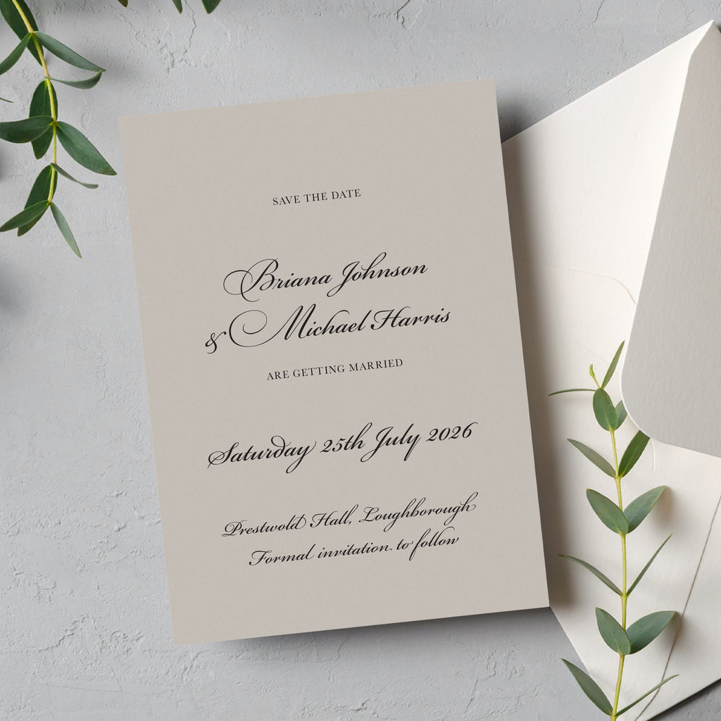 Calligraphy taupe save the date cards Brianna