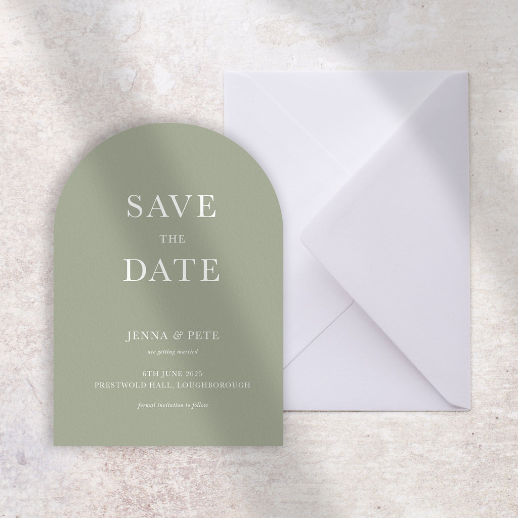 Arch sage green save the date card Willow