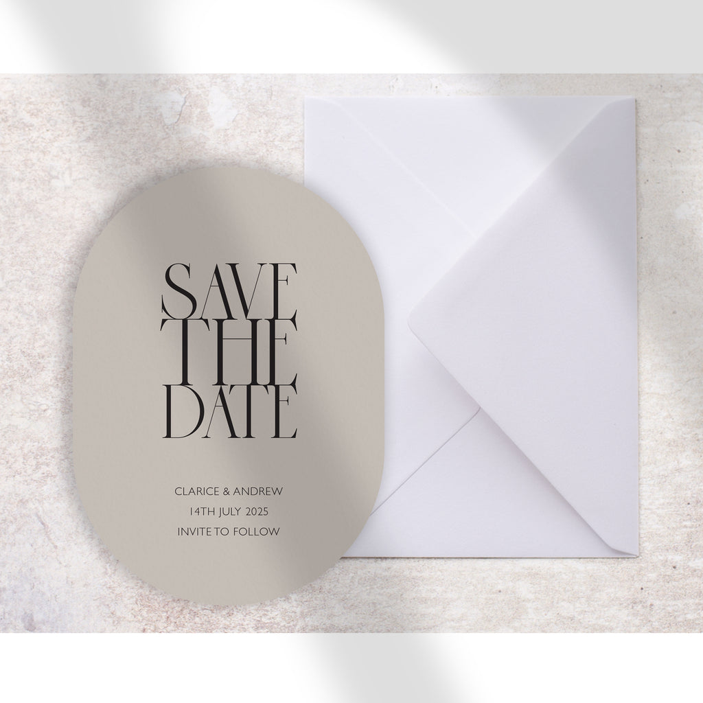 Oval modern save the date card Clarice