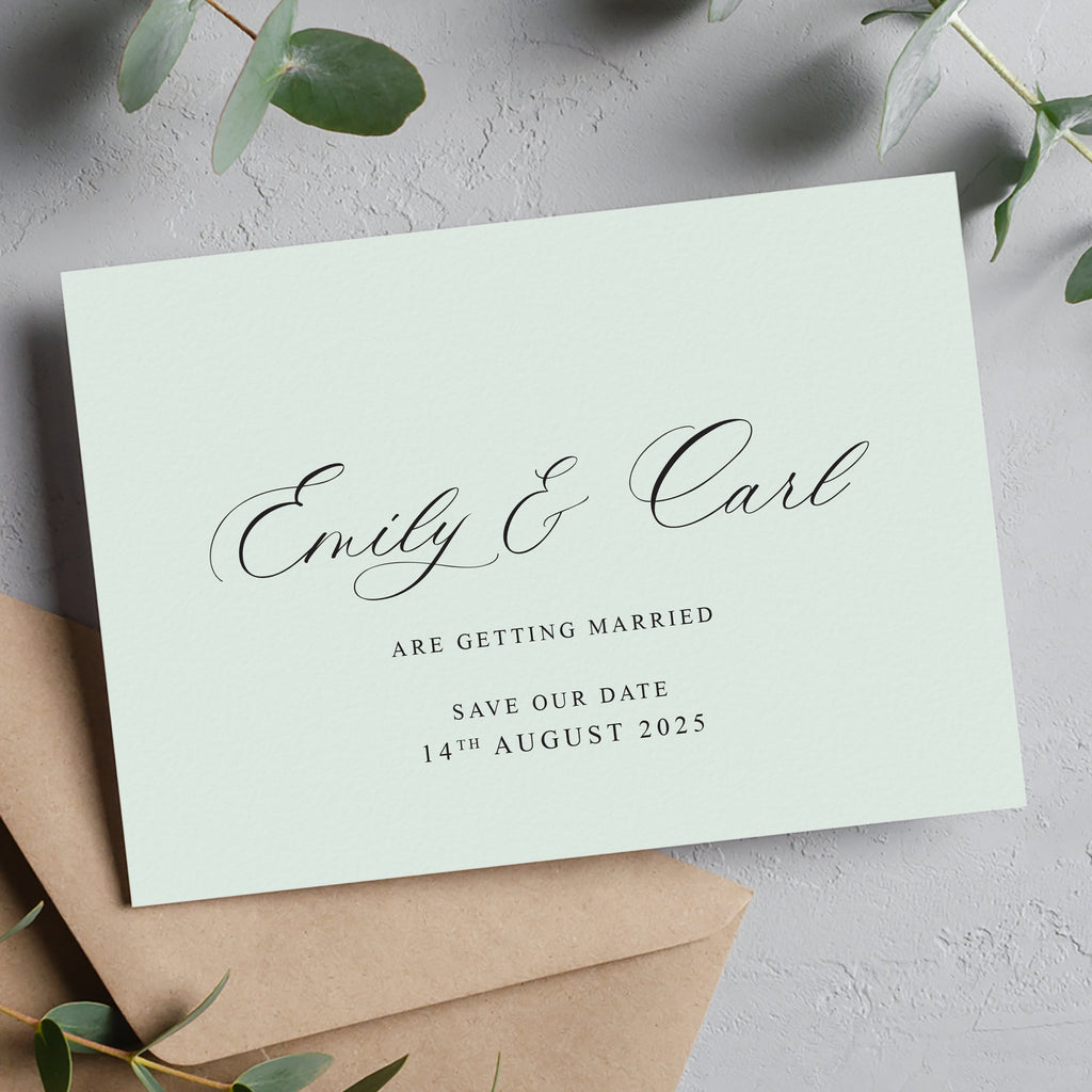 Script light green save the date Emily
