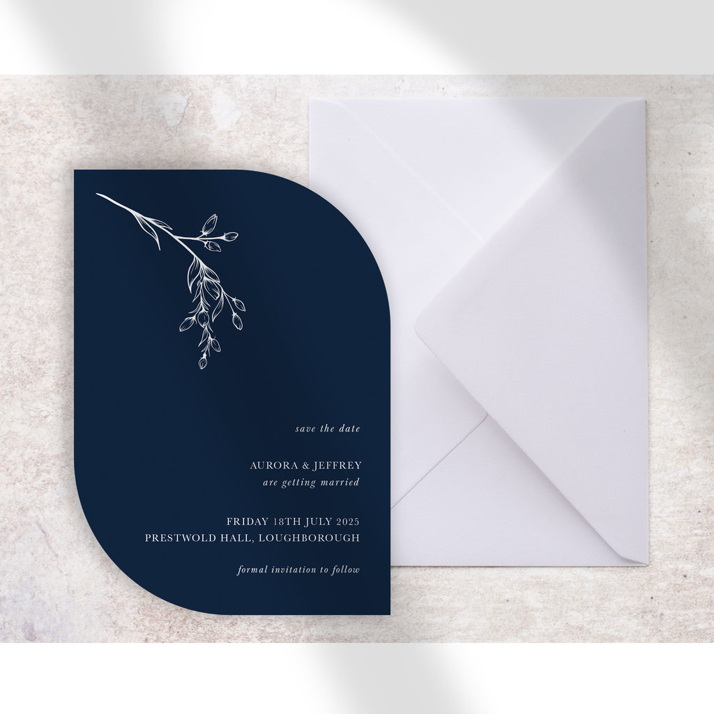 Navy leaf save the date card Aurora