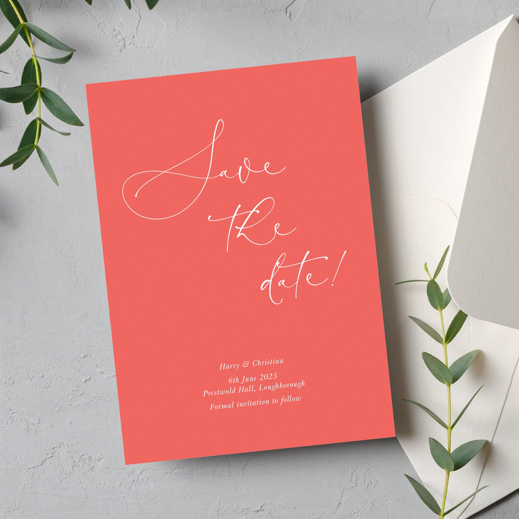 Coral script save the date card Annabel