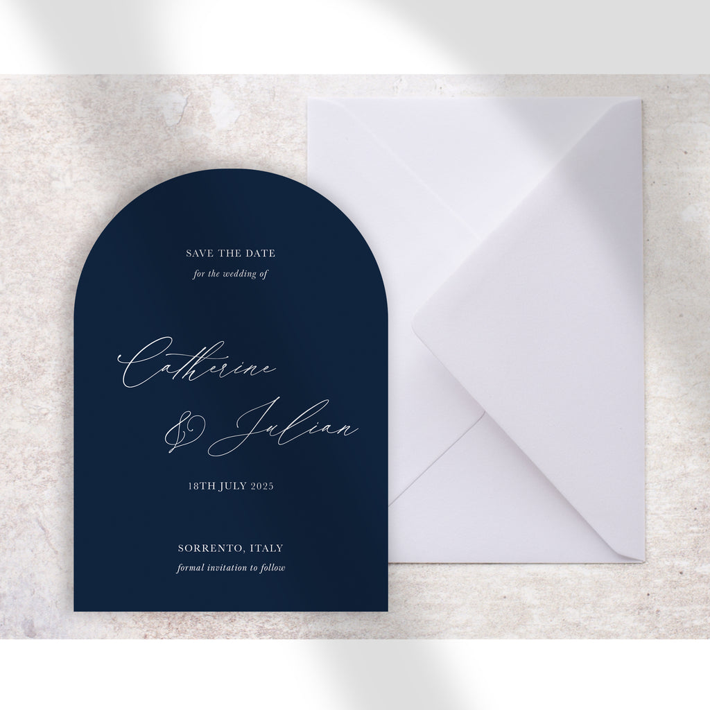 Navy blue arch save the date card Catherine