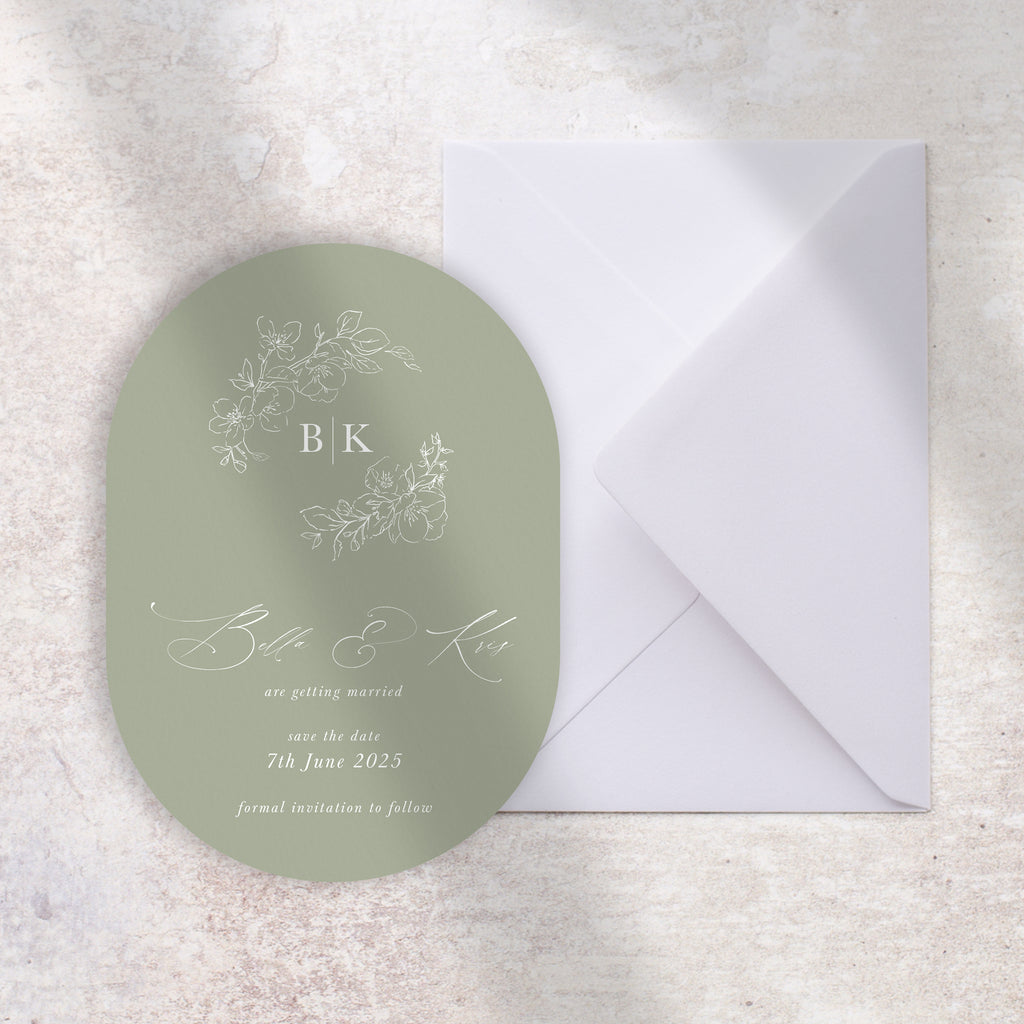 Sage green oval save the date card Blossom