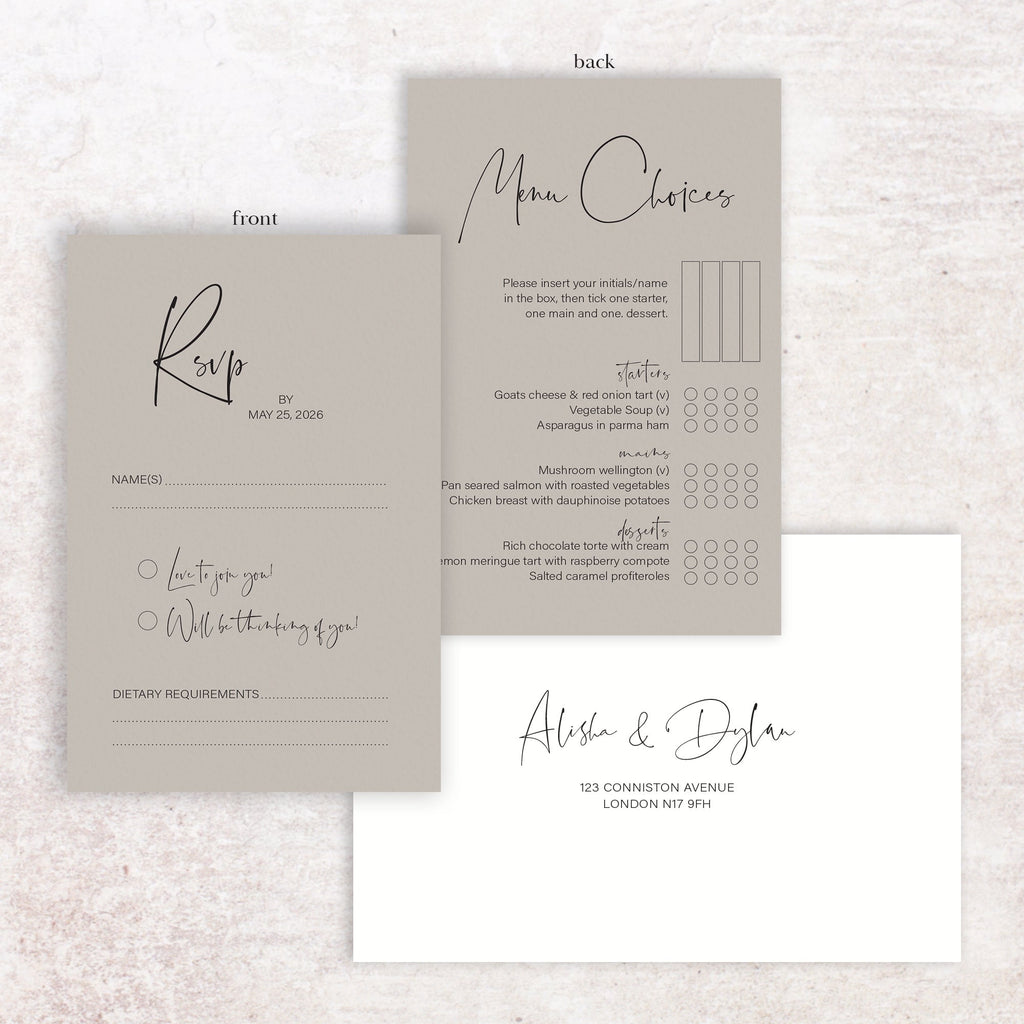 Alisha RSVP menu card and envelope