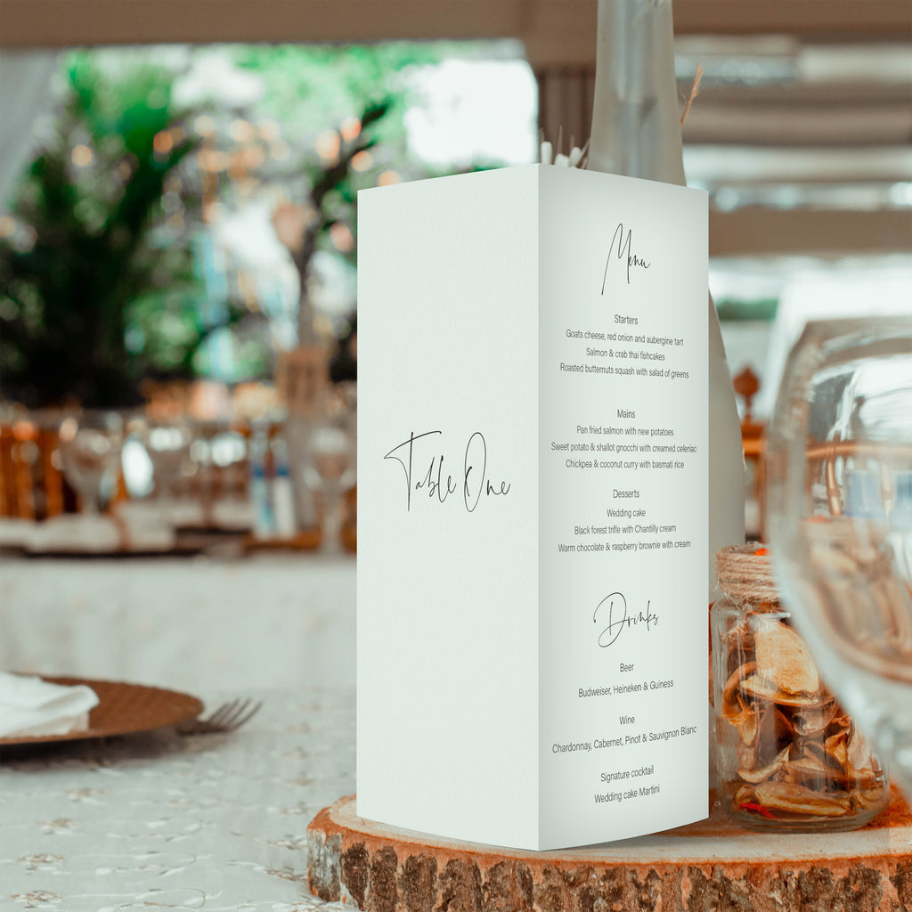 Alisha trifold table number, menu, thank you sign