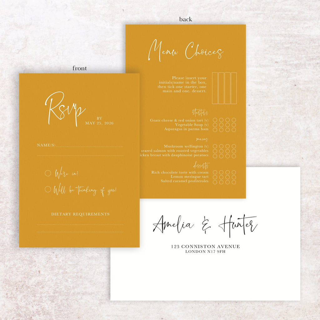 Amelia RSVP menu card and envelope