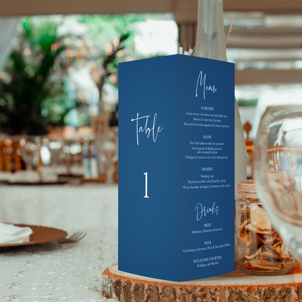 Amelia trifold table number, menu, thank you sign