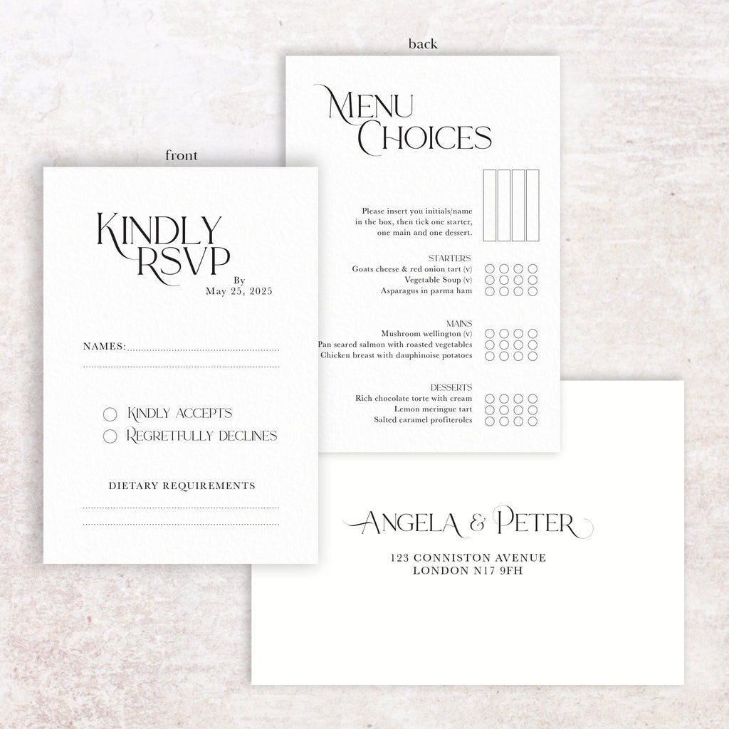 Angela RSVP menu card and envelope