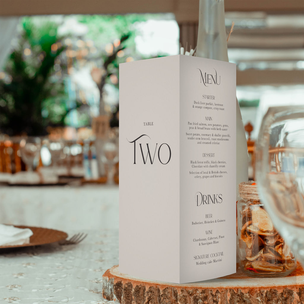 Angela trifold table number, menu, thank you sign