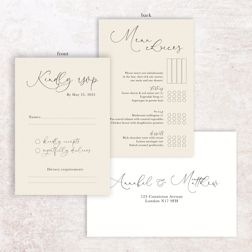 Annabel RSVP menu card and envelope