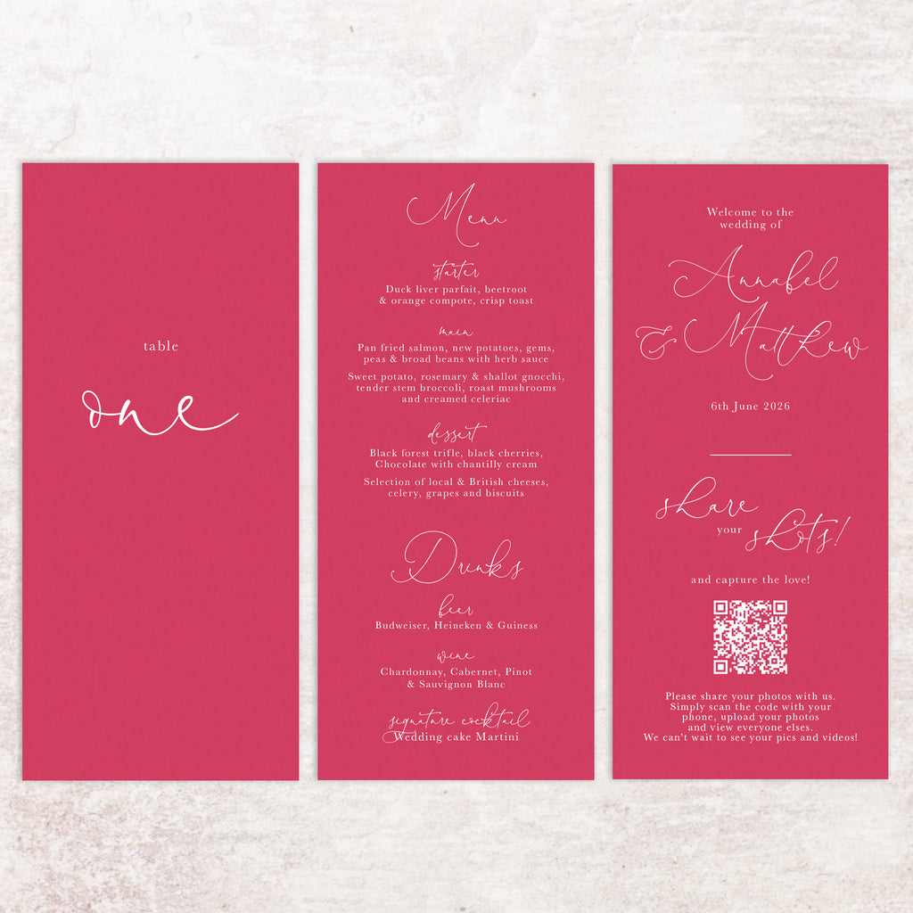 Annabel trifold table number, menu, thank you sign