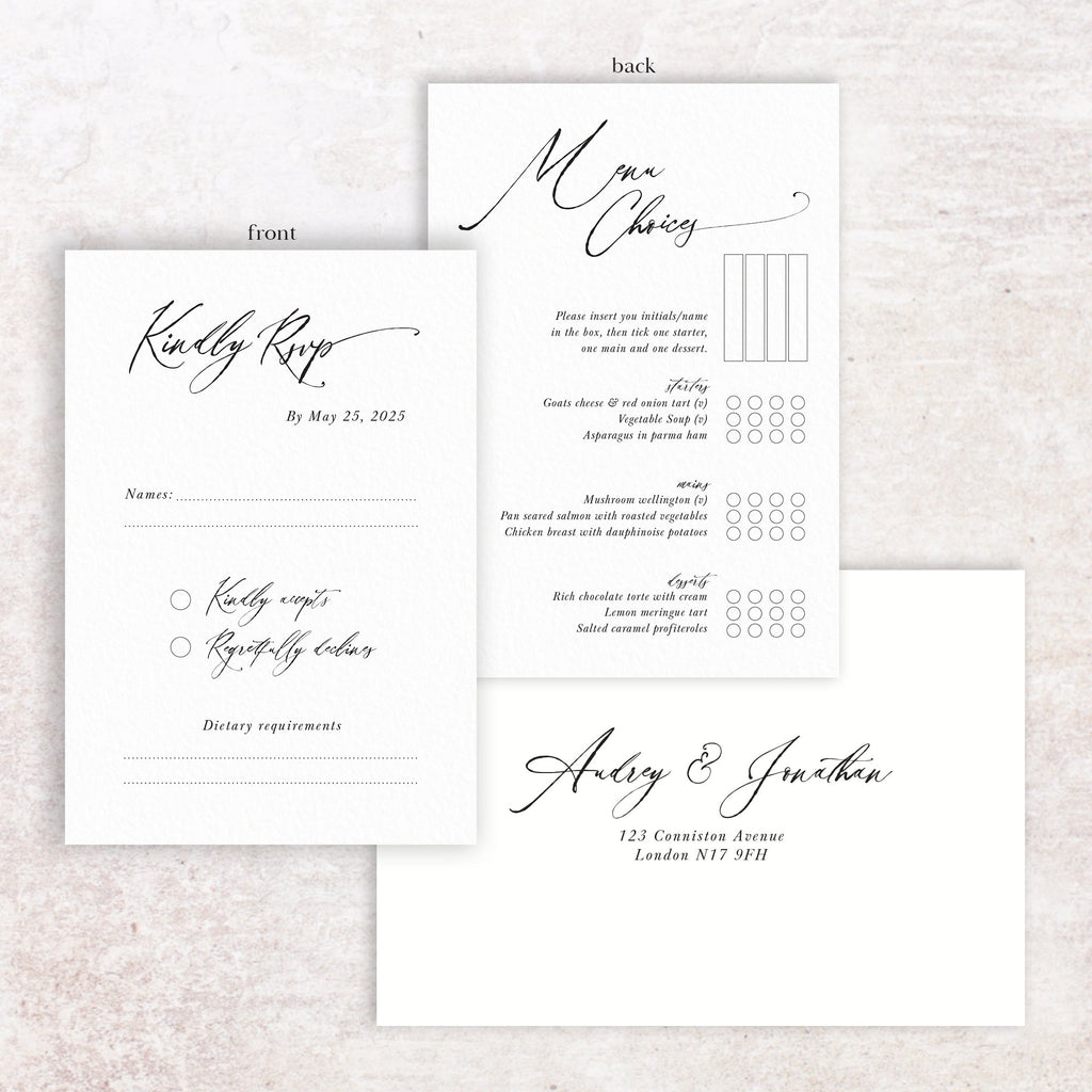 Audrey RSVP menu card and envelope