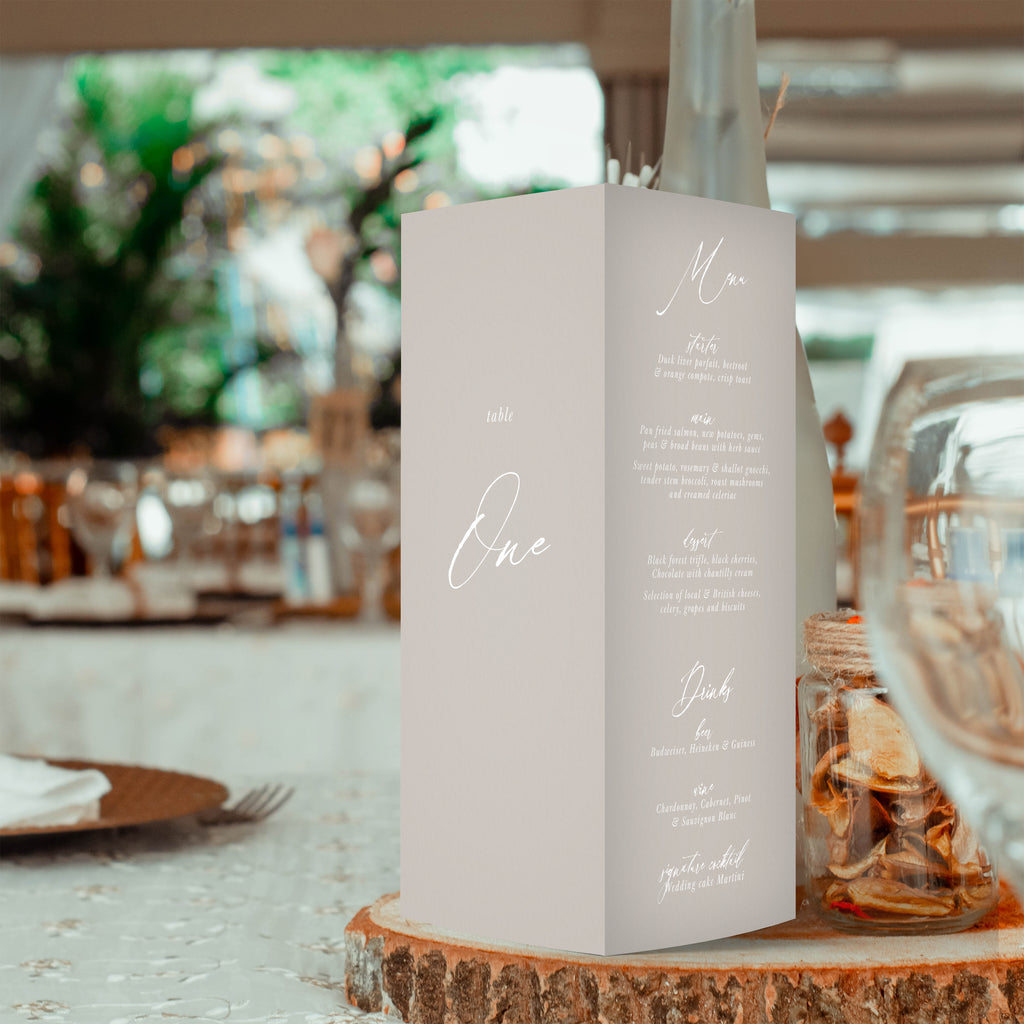 Audrey trifold table number, menu, thank you sign