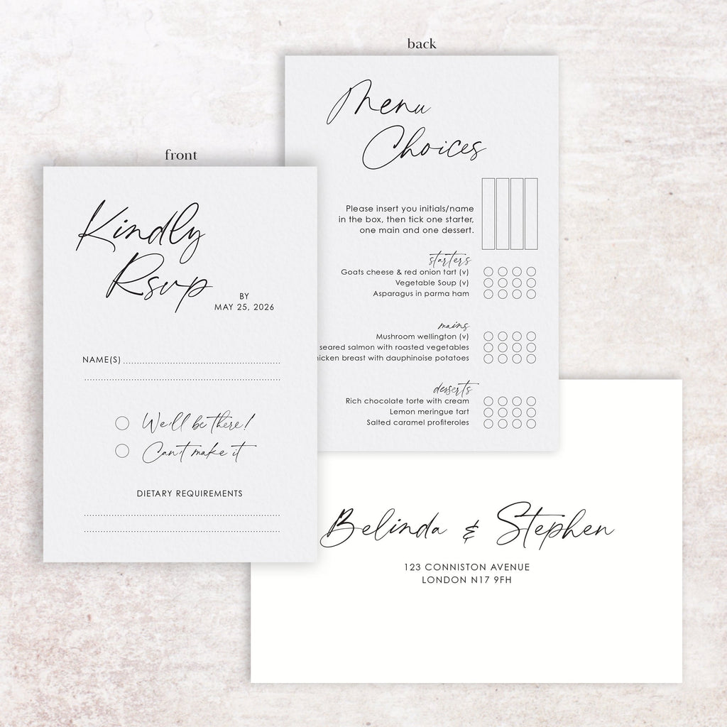 Belinda RSVP menu card and envelope