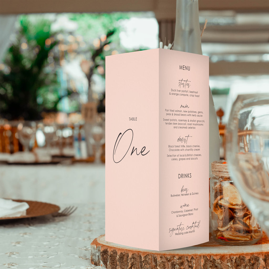 Belinda trifold table number, menu, thank you sign