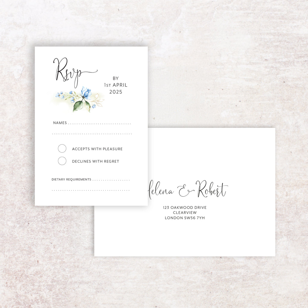 Botanical blue RSVP card and envelope