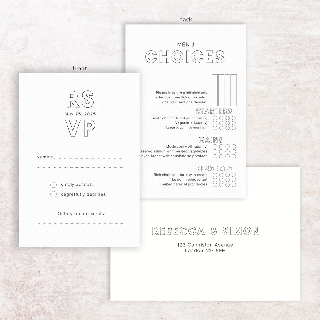 Bold RSVP menu card and envelope