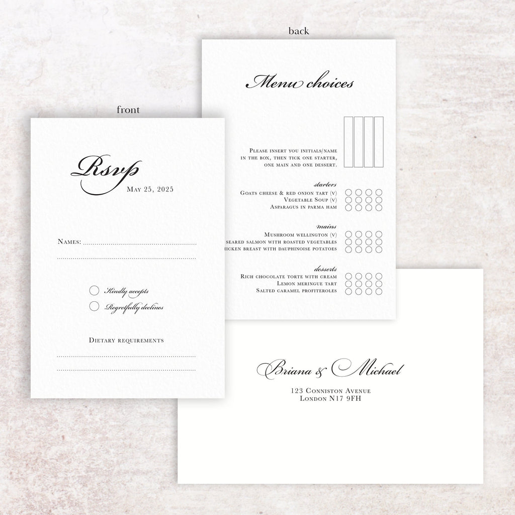 Brianna RSVP menu card and envelope