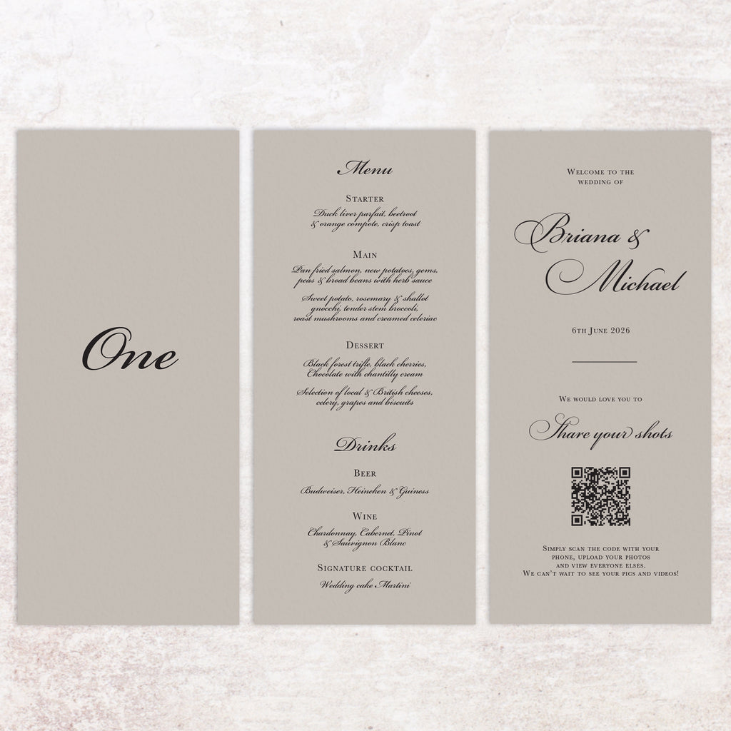 Brianna trifold table number, menu, thank you sign