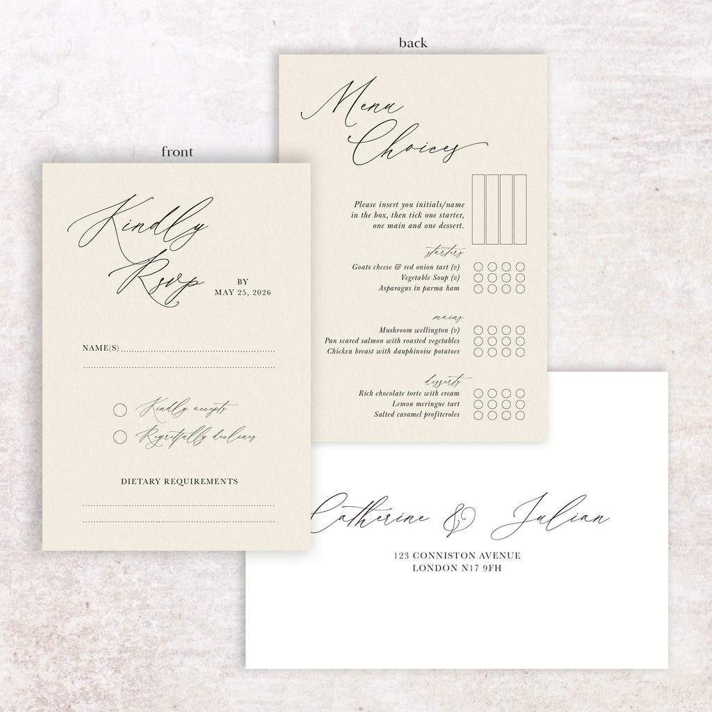 Catherine RSVP menu card and envelope