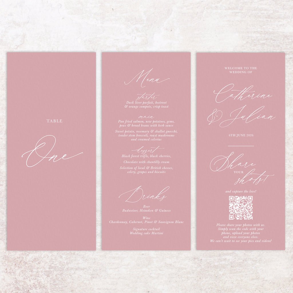 Catherine trifold table number, menu, thank you sign