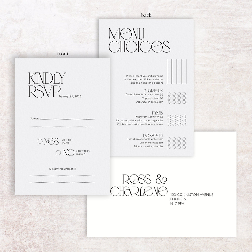 Charlene RSVP menu card and envelope