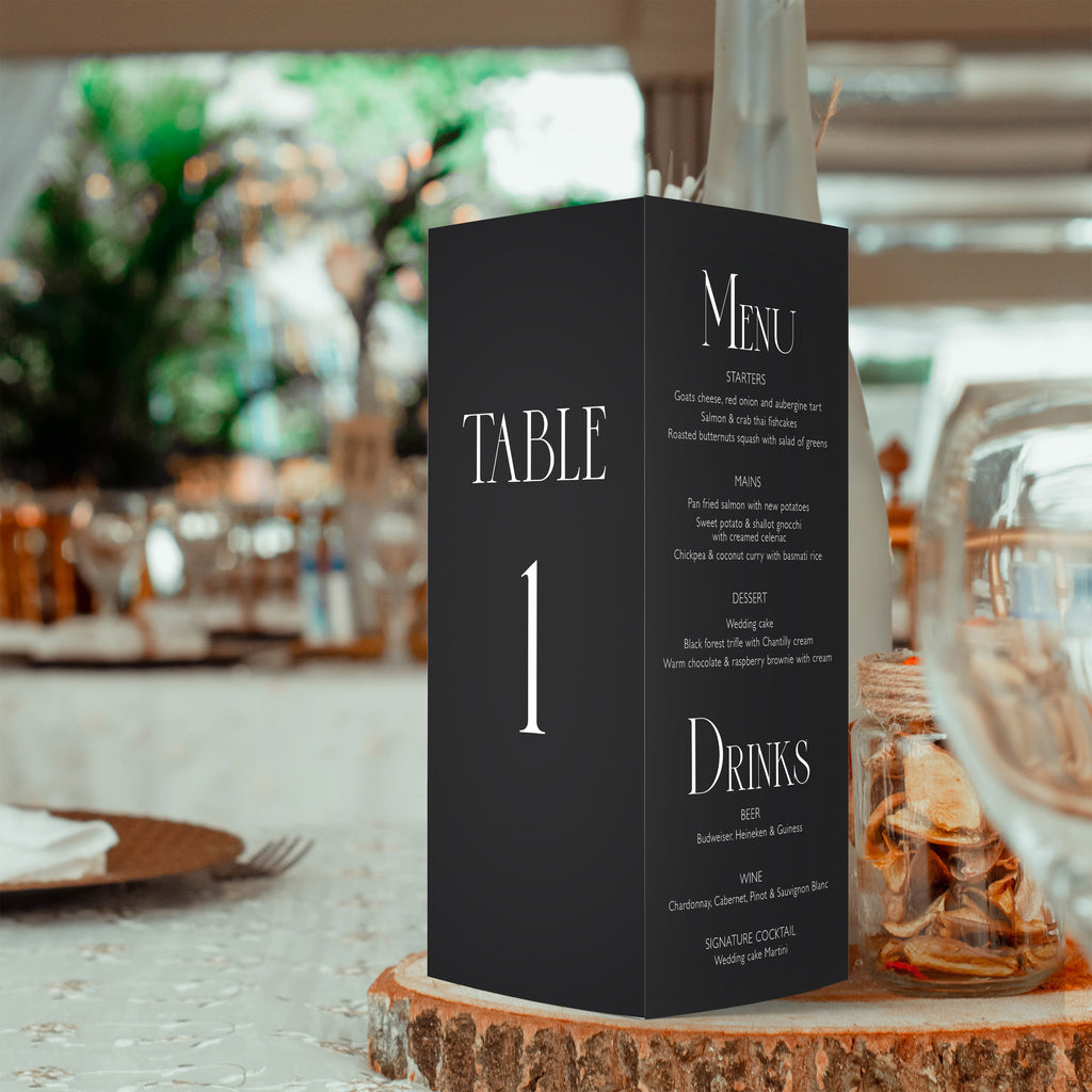 Clarice trifold table number, menu, thank you sign