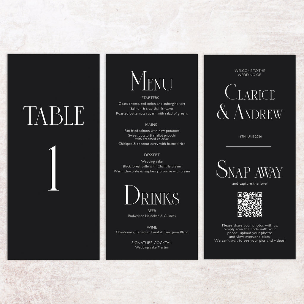 Clarice trifold table number, menu, thank you sign