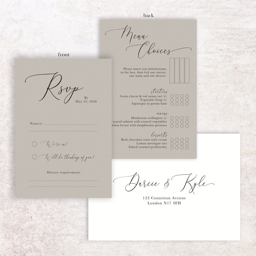 Darcie RSVP menu card and envelope