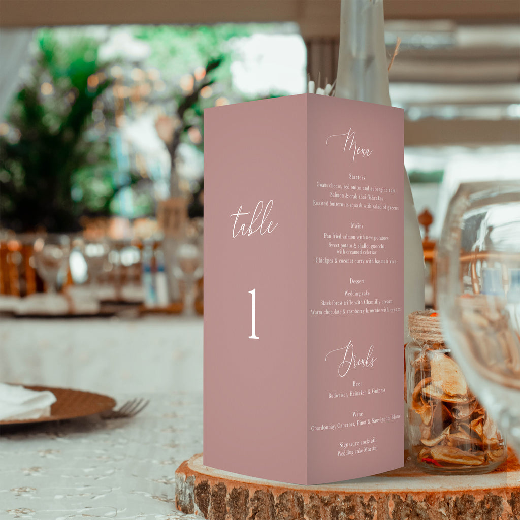 Darcie trifold table number, menu, thank you sign