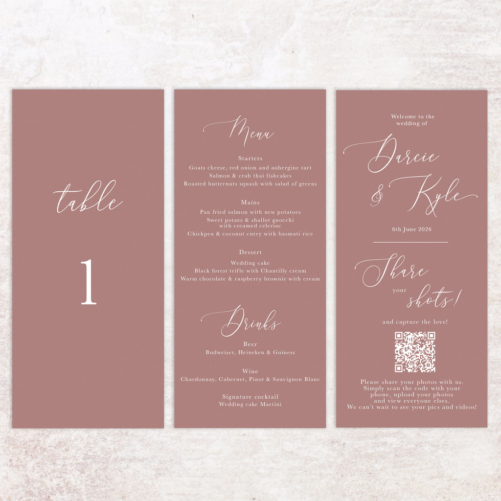 Darcie trifold table number, menu, thank you sign