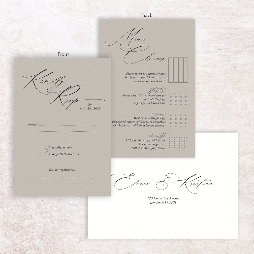 Eloise RSVP menu card and envelope