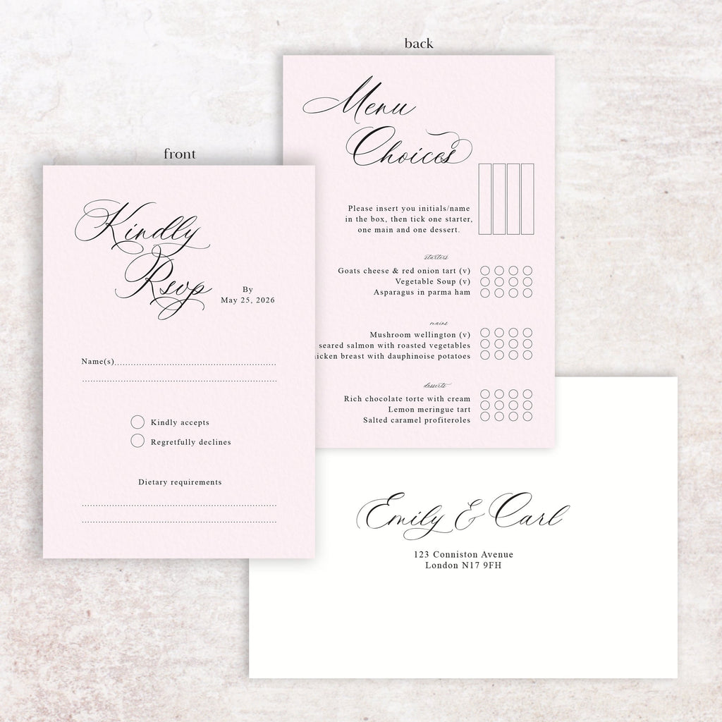 Emily RSVP menu card and envelope