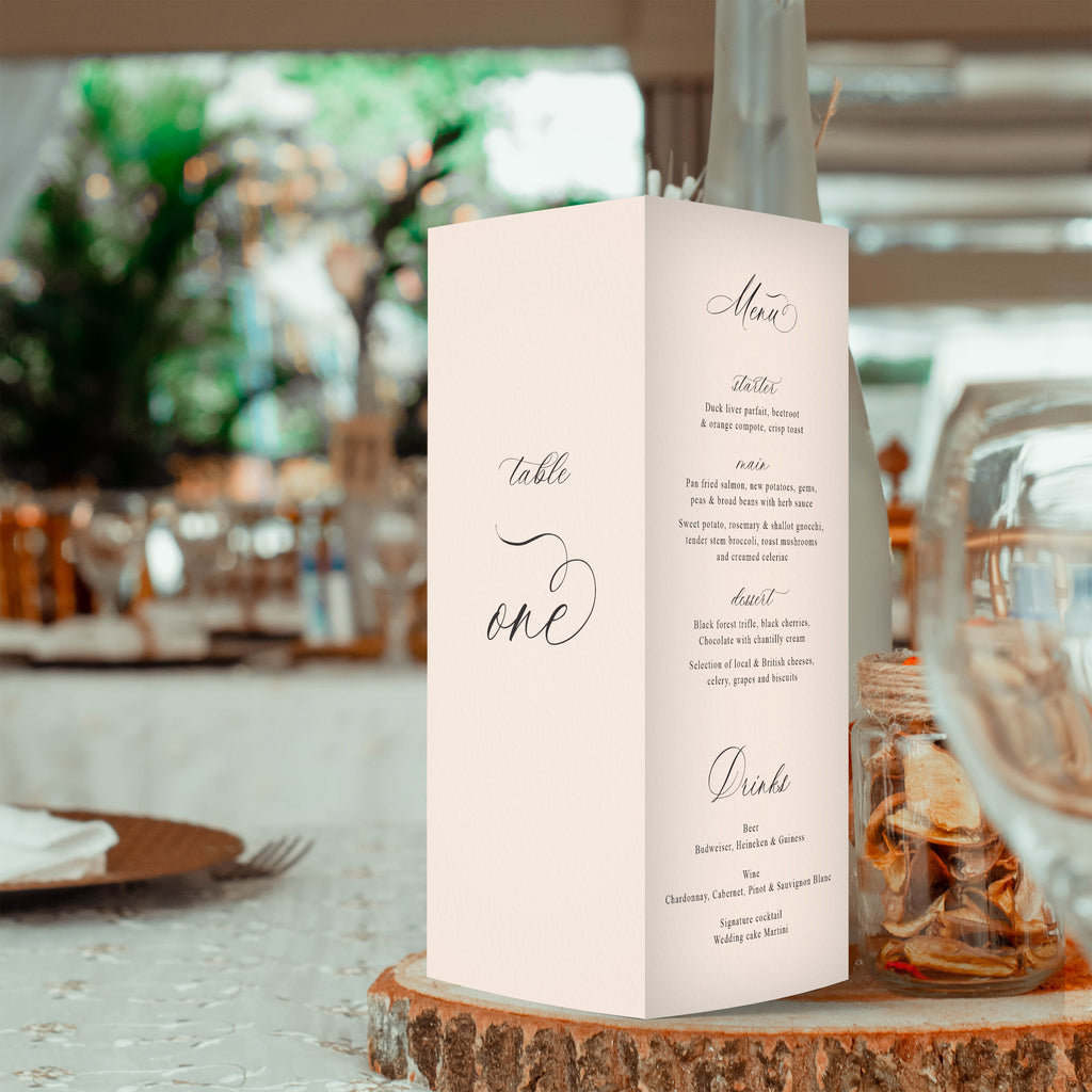 Emily trifold table number, menu, thank you sign